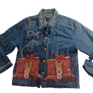 Shaver Lake Denim Jacket Womens S Blue Western Cowboy Boots Embroidered Paisley‎
